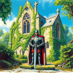 A medieval knight standing proudly before a majestic, crumbling church surrounded by lush greenery
