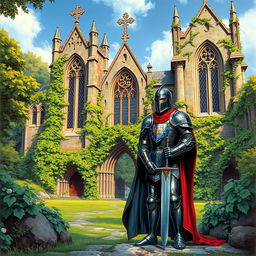A medieval knight standing proudly before a majestic, crumbling church surrounded by lush greenery