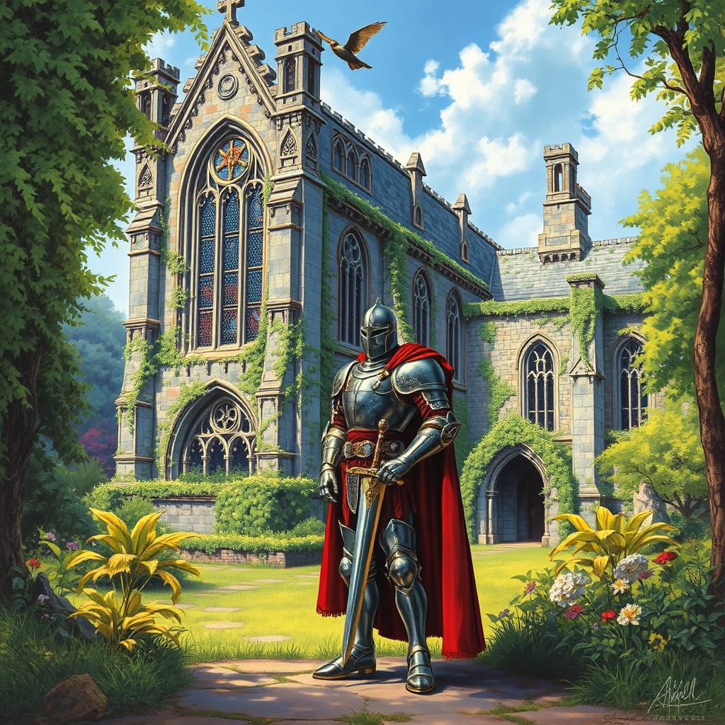 A medieval knight standing proudly before a majestic, crumbling church surrounded by lush greenery