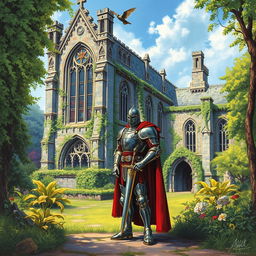 A medieval knight standing proudly before a majestic, crumbling church surrounded by lush greenery