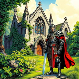 A medieval knight standing proudly before a majestic, crumbling church surrounded by lush greenery