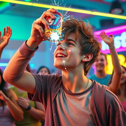 A dynamic frame from an energetic movie scene featuring a teenage boy in a bright, colorful setting