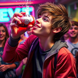 A dynamic frame from an energetic movie scene featuring a teenage boy in a bright, colorful setting