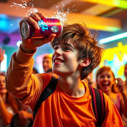 A dynamic frame from an energetic movie scene featuring a teenage boy in a bright, colorful setting