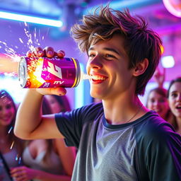 A dynamic frame from an energetic movie scene featuring a teenage boy in a bright, colorful setting