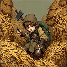 A young rogue thief with two daggers and a hammer strapped to his back, dressed in simple, common clothing, hiding among bales of straw