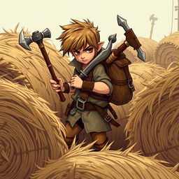 A young rogue thief with two daggers and a hammer strapped to his back, dressed in simple, common clothing, hiding among bales of straw