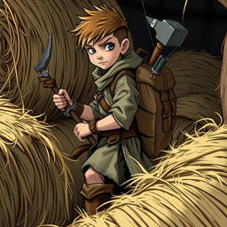 A young rogue thief with two daggers and a hammer strapped to his back, dressed in simple, common clothing, hiding among bales of straw
