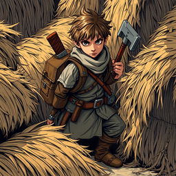 A young rogue thief with two daggers and a hammer strapped to his back, dressed in simple, common clothing, hiding among bales of straw
