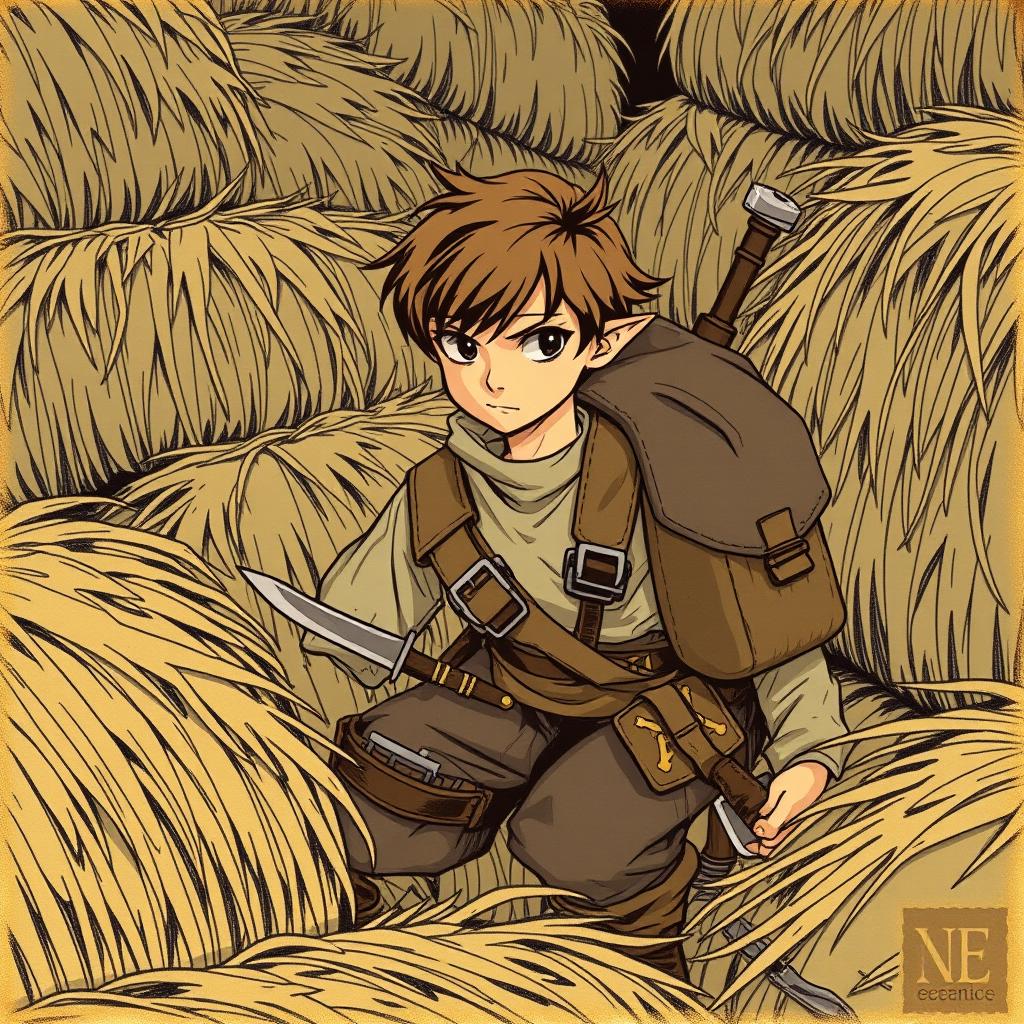A young rogue thief with two daggers and a hammer strapped to his back, dressed in simple, common clothing, hiding among bales of straw