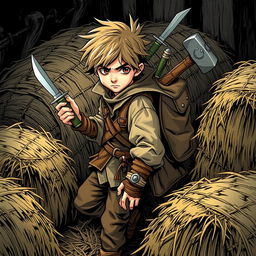 A young rogue thief with two daggers and a hammer strapped to his back, dressed in simple, common clothing, hiding among bales of straw