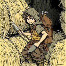 A young rogue thief with two daggers and a hammer strapped to his back, dressed in simple, common clothing, hiding among bales of straw