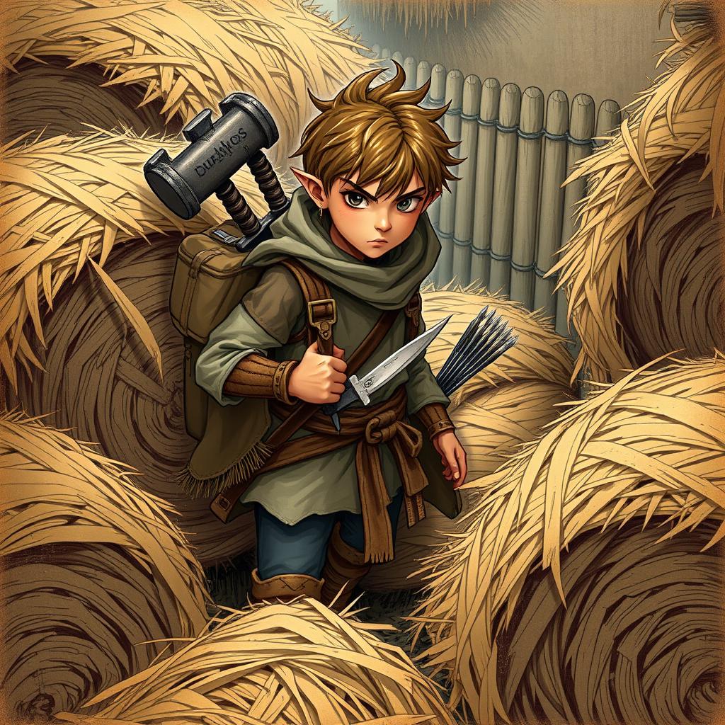 A young rogue thief with two daggers and a hammer strapped to his back, dressed in simple, common clothing, hiding among bales of straw