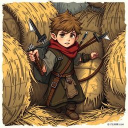 A young rogue thief with two daggers and a hammer strapped to his back, dressed in simple, common clothing, hiding among bales of straw