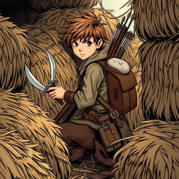 A young rogue thief with two daggers and a hammer strapped to his back, dressed in simple, common clothing, hiding among bales of straw