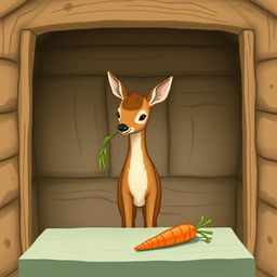 Inside a wooden cabin, a brown fawn is holding a blade of grass in its mouth while standing in the room