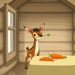 Inside a wooden cabin, a brown fawn is holding a blade of grass in its mouth while standing in the room