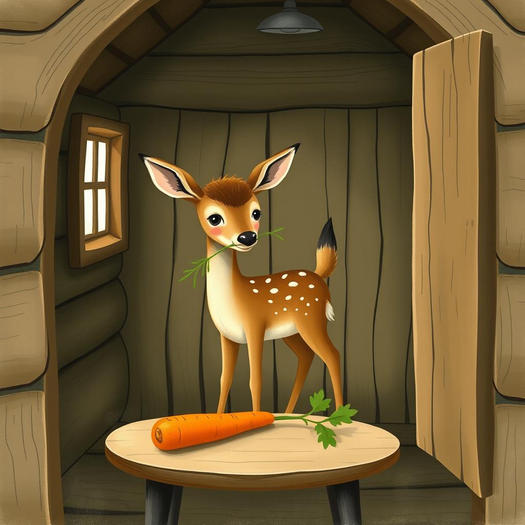Inside a wooden cabin, a brown fawn is holding a blade of grass in its mouth while standing in the room