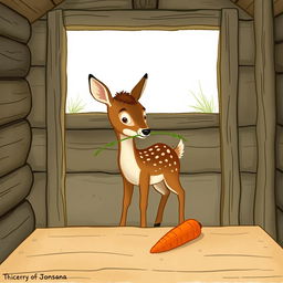 Inside a wooden cabin, a brown fawn is holding a blade of grass in its mouth while standing in the room