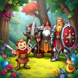 A colorful fantasy scene depicting a mischievous halfling, a noble elf warrior, a stout dwarf cleric, and a brave human paladin