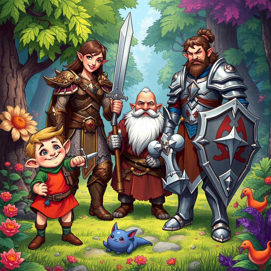 A colorful fantasy scene depicting a mischievous halfling, a noble elf warrior, a stout dwarf cleric, and a brave human paladin