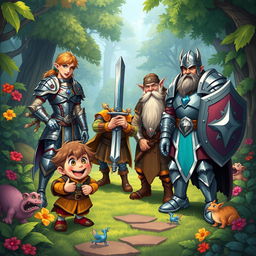 A colorful fantasy scene depicting a mischievous halfling, a noble elf warrior, a stout dwarf cleric, and a brave human paladin