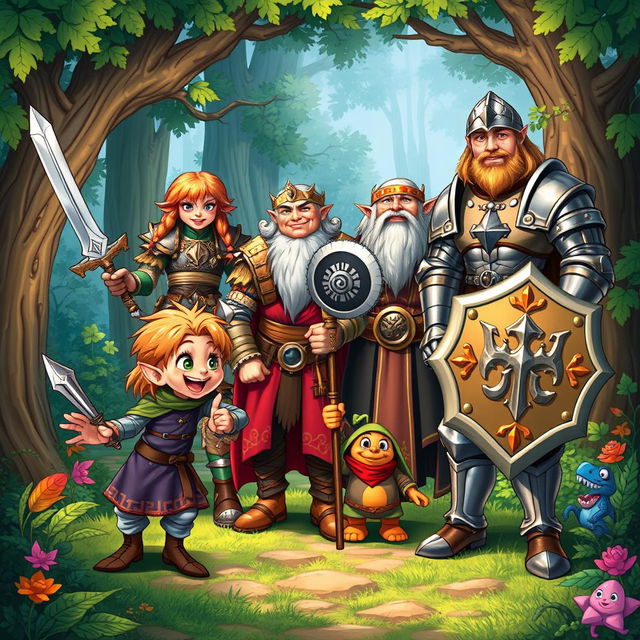 A colorful fantasy scene depicting a mischievous halfling, a noble elf warrior, a stout dwarf cleric, and a brave human paladin