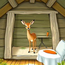 Inside a wooden cabin, a brown fawn is holding some grass in its mouth while standing in the room