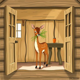 Inside a wooden cabin, a brown fawn is holding some grass in its mouth while standing in the room