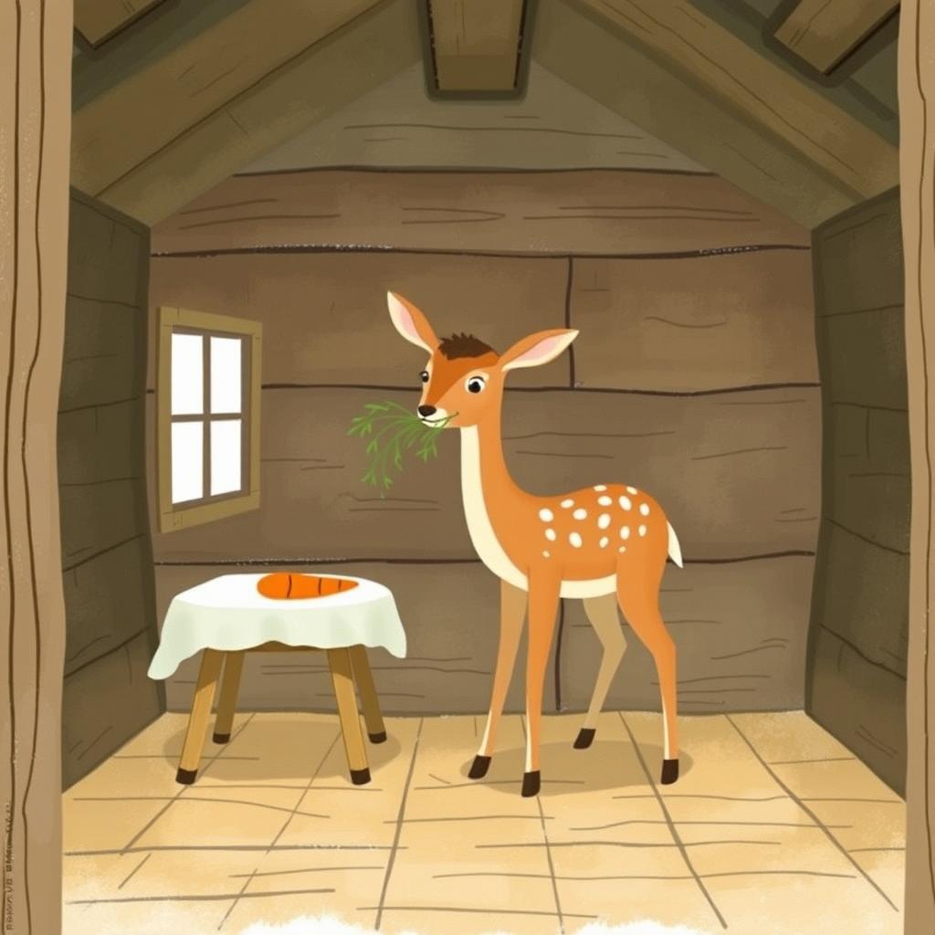 Inside a wooden cabin, a brown fawn is holding some grass in its mouth while standing in the room