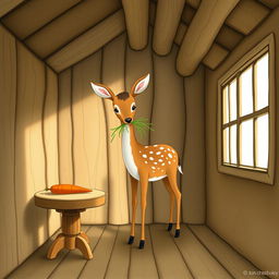 Inside a wooden cabin, a brown fawn is holding some grass in its mouth while standing in the room