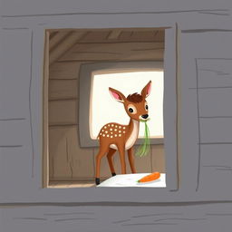 Inside a wooden cabin, a small brown fawn is holding some grass in its mouth while standing in the room