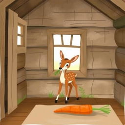 Inside a wooden cabin, a small brown fawn is holding some grass in its mouth while standing in the room