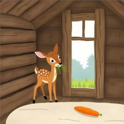 Inside a wooden cabin, a small brown fawn is holding some grass in its mouth while standing in the room