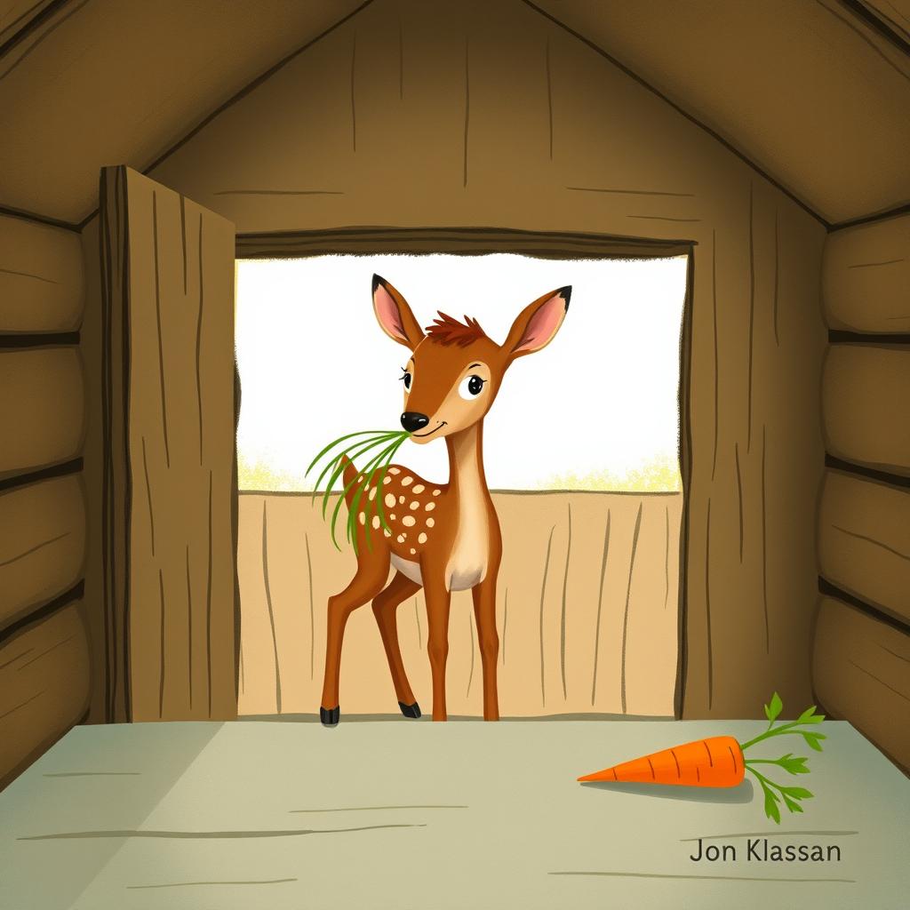 Inside a wooden cabin, a small brown fawn is holding some grass in its mouth while standing in the room