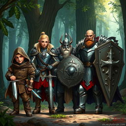 A realistic fantasy scene featuring a group of four adventurers: a cunning halfling rogue, a valiant elven warrior, a stalwart dwarf cleric, and a strong human paladin