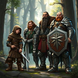 A realistic fantasy scene featuring a group of four adventurers: a cunning halfling rogue, a valiant elven warrior, a stalwart dwarf cleric, and a strong human paladin