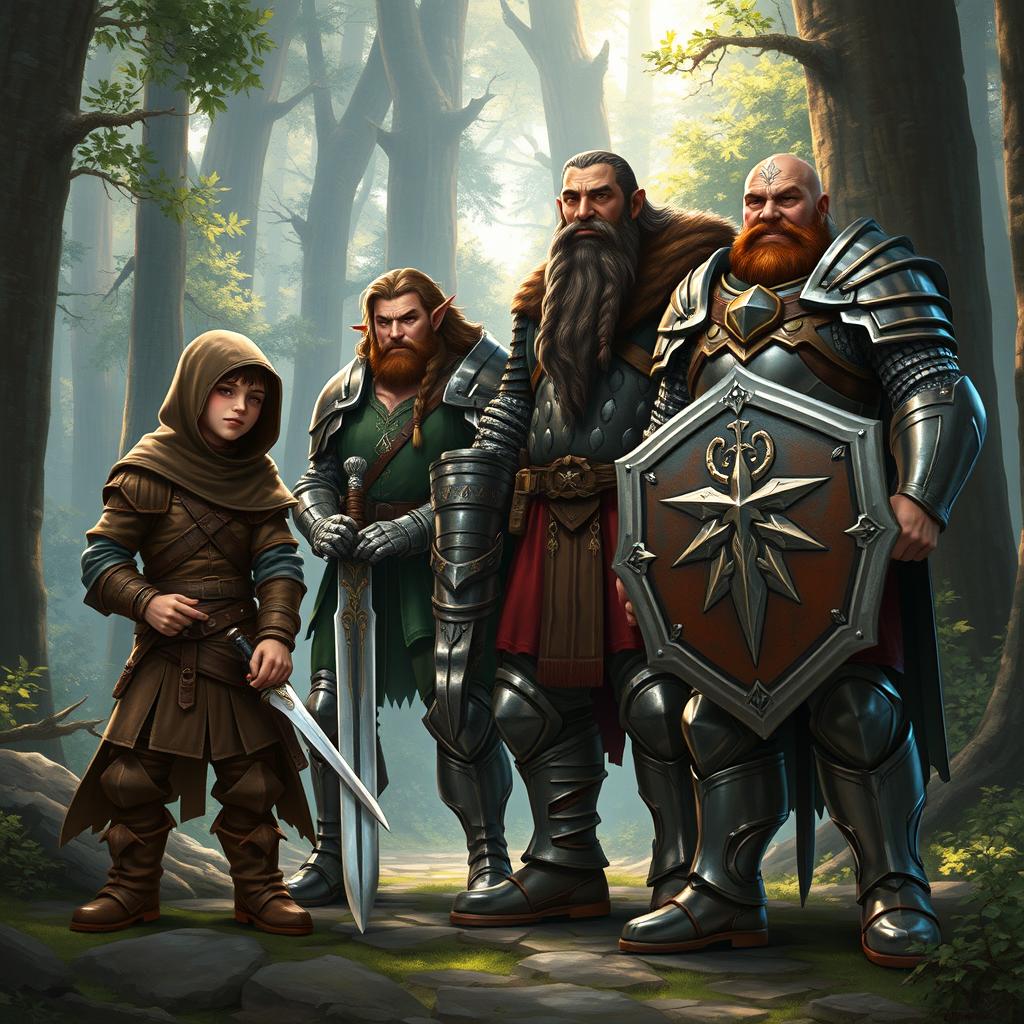 A realistic fantasy scene featuring a group of four adventurers: a cunning halfling rogue, a valiant elven warrior, a stalwart dwarf cleric, and a strong human paladin