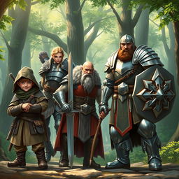 A realistic fantasy scene featuring a group of four adventurers: a cunning halfling rogue, a valiant elven warrior, a stalwart dwarf cleric, and a strong human paladin