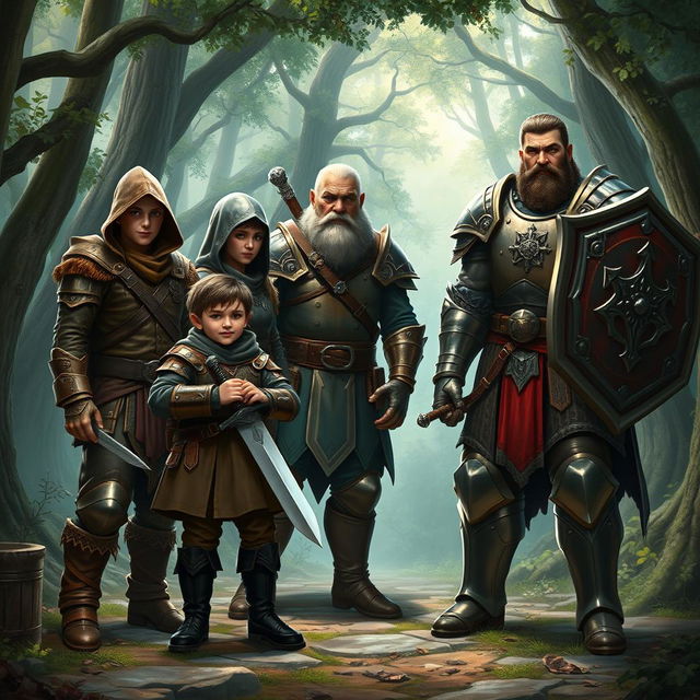 A realistic fantasy scene featuring a group of four adventurers: a cunning halfling rogue, a valiant elven warrior, a stalwart dwarf cleric, and a strong human paladin