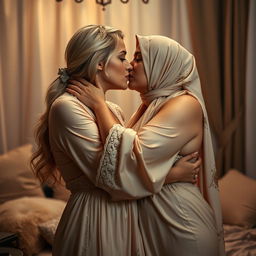 A sensual scene featuring an 18-year-old blonde woman with fair skin and an alluring presence, passionately kissing and embracing an elegant 40-year-old Arabic woman wearing a lush nightgown and a headscarf, showcasing her voluptuous figure