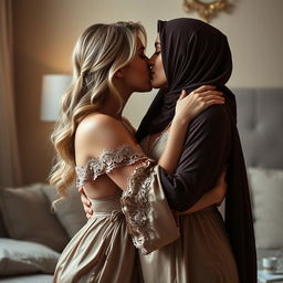 A sensual scene featuring an 18-year-old blonde woman with fair skin and an alluring presence, passionately kissing and embracing an elegant 40-year-old Arabic woman wearing a lush nightgown and a headscarf, showcasing her voluptuous figure