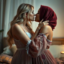 A sensual scene featuring an 18-year-old blonde woman with fair skin and an alluring presence, passionately kissing and embracing an elegant 40-year-old Arabic woman wearing a lush nightgown and a headscarf, showcasing her voluptuous figure