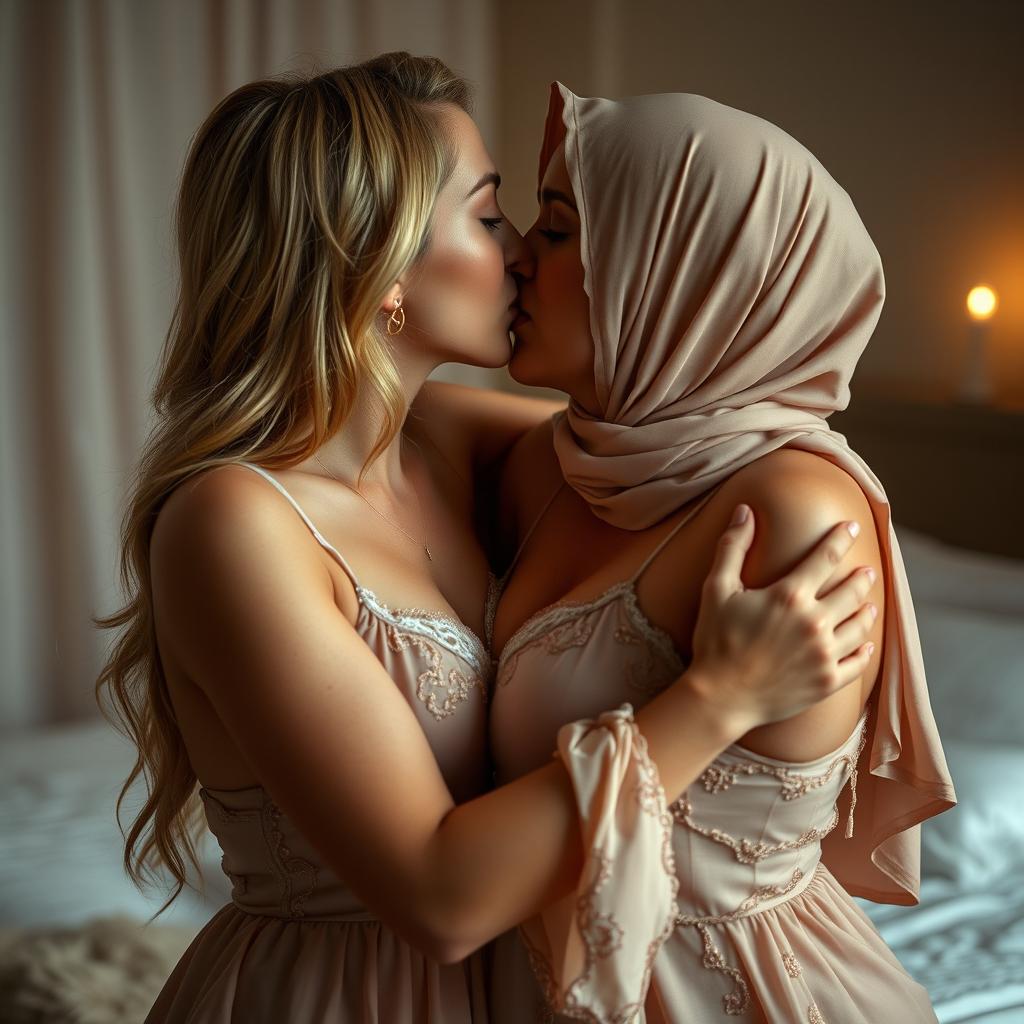 A sensual scene featuring an 18-year-old blonde woman with fair skin and an alluring presence, passionately kissing and embracing an elegant 40-year-old Arabic woman wearing a lush nightgown and a headscarf, showcasing her voluptuous figure