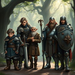 A realistic fantasy scene featuring four diverse adventurers starting their journey: a sly halfling rogue with a mischievous expression, dressed in dark, rugged leather armor, holding a small dagger