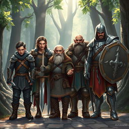 A realistic fantasy scene featuring four diverse adventurers starting their journey: a sly halfling rogue with a mischievous expression, dressed in dark, rugged leather armor, holding a small dagger