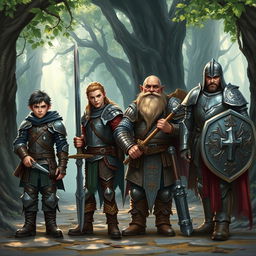 A realistic fantasy scene featuring four diverse adventurers starting their journey: a sly halfling rogue with a mischievous expression, dressed in dark, rugged leather armor, holding a small dagger