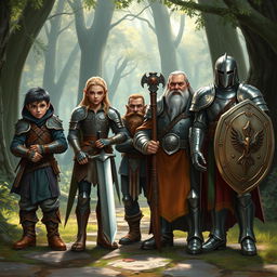 A realistic fantasy scene featuring four diverse adventurers starting their journey: a sly halfling rogue with a mischievous expression, dressed in dark, rugged leather armor, holding a small dagger