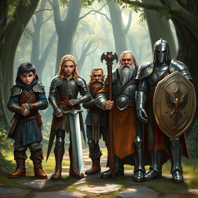 A realistic fantasy scene featuring four diverse adventurers starting their journey: a sly halfling rogue with a mischievous expression, dressed in dark, rugged leather armor, holding a small dagger