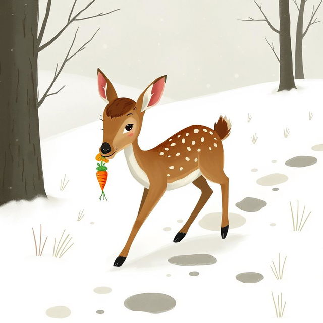 In a snowy landscape, a small brown fawn is walking along a path while holding a carrot in its mouth